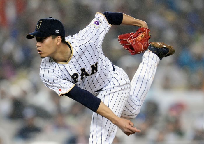 Japan pitcher Kodai Senga pitches in the eighth inning against USA during the 2017 World Baseball Classic at Dodger Stadium.